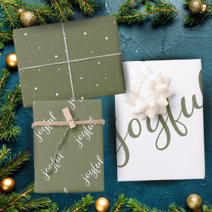 Hoja De Papel De Regalo Script Alegre Copo de Nieve Verde Oliva Fiesta