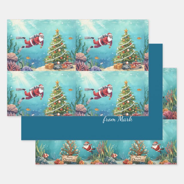 Hoja De Papel De Regalo Scuba Santa Underwater Christmas Holiday (Set)