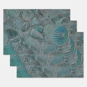 Hoja De Papel De Regalo Seashells Ocean Beach Verde azulado Gray Metallic