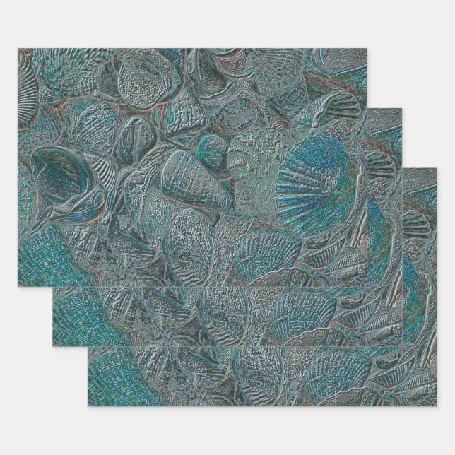 Hoja De Papel De Regalo Seashells Ocean Beach Verde azulado Gray Metallic (Set)