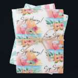 Hoja De Papel De Regalo Seaside Sippin | Playa tropical Hibiscus Hooray<br><div class="desc">Las sábanas de papel de envoltura de temática tropical incluyen una puesta de sol acuática en la playa con cócteles, flores y hojas de palma con la leyenda "Sip Sip Sip Hooray" en la hoja uno. La segunda hoja presenta un patrón de flores blancas de hibisco con un fondo azul...</div>