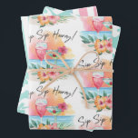 Hoja De Papel De Regalo Seaside Sippin | Playa tropical Hibiscus Hooray<br><div class="desc">Las sábanas de papel de envoltura de temática tropical incluyen una puesta de sol acuática en la playa con cócteles, flores y hojas de palma con la leyenda "Sip Sip Sip Hooray" en la hoja uno. La segunda hoja presenta un patrón de flores blancas de hibisco con un fondo azul...</div>