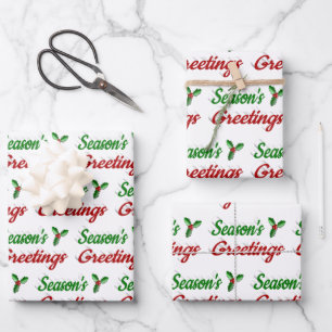 Hoja De Papel De Regalo Seasons Greetings Holly Navidades guión verde rojo