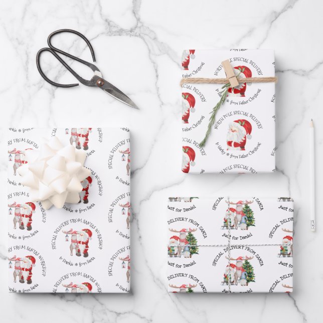 Hoja De Papel De Regalo Sellos Santa Personalizados de Entrega Especial (Anverso)