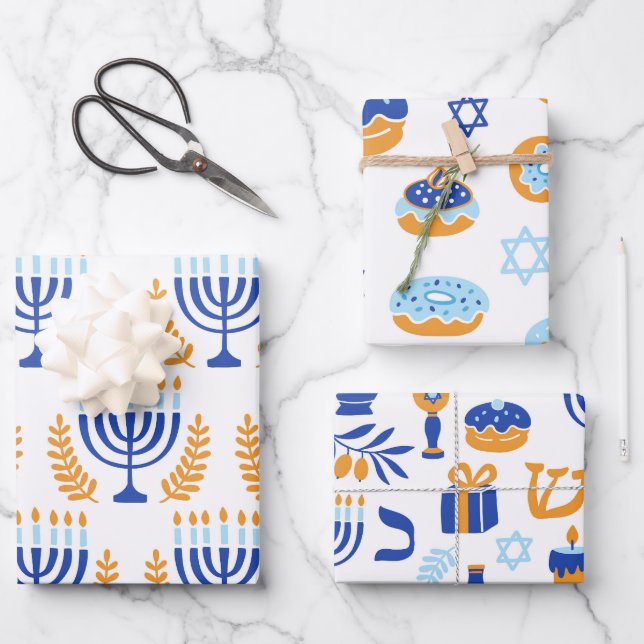 Hoja De Papel De Regalo Sencillo Hanukkah de patrón blanco amarillo y azul (Anverso)