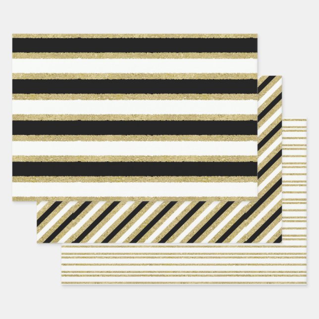 Hoja De Papel De Regalo Serie Black White Gold Stripes (Set)