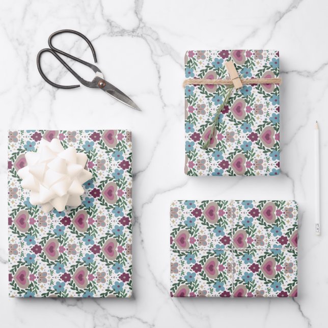 Hoja De Papel De Regalo Set of 3-Earthy Pink & Teal Flowers and Hearts (Anverso)