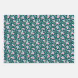 Hoja De Papel De Regalo Set of 3 - Pink & Blue Floral on Teal – Modern