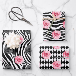 Hoja De Papel De Regalo Shabby Chic Pink y Black Rosas Zebra Stripes