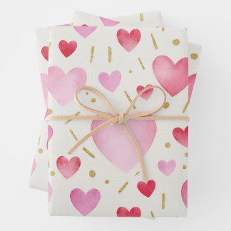 Hoja De Papel De Regalo Shades of Pink Watercolor & Gold Glitter Hearts