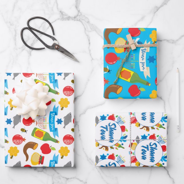 Hoja De Papel De Regalo Shana Tova azul y blanco (Anverso)