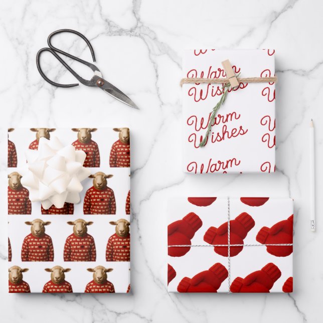 Hoja De Papel De Regalo Sheep in Sheep Sweater, Mittens, Warm Wishes  (Anverso)