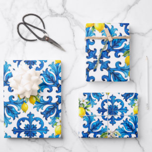 Hoja De Papel De Regalo Siciliano, verano, limón, mosaico, azul
