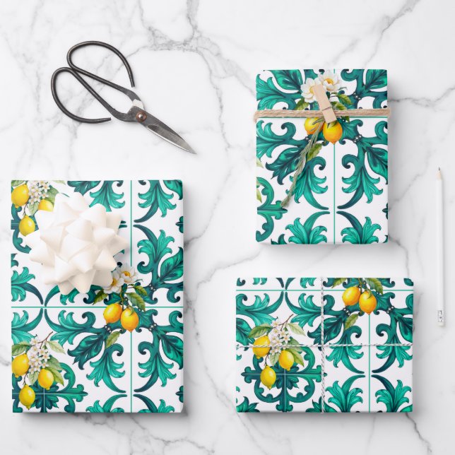 Hoja De Papel De Regalo siciliano, verano, limón, mosaico, verde, (Anverso)