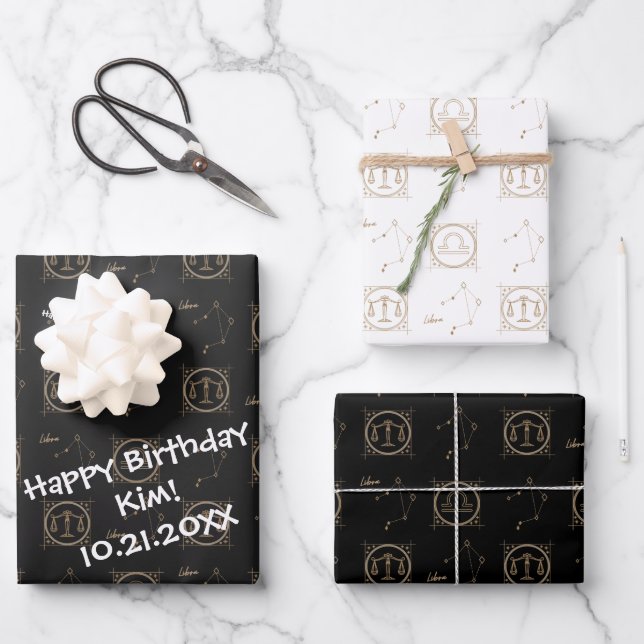 Hoja De Papel De Regalo Signo estrella de la astrología de Bday Black & Go (Anverso)
