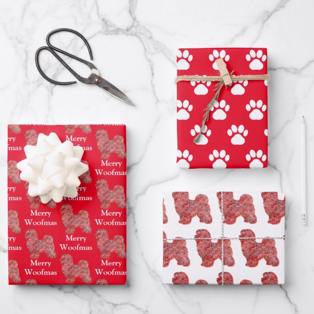Hoja De Papel De Regalo Silhouette de Perro Maltés Red Merry Woofmas (Anverso)