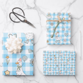 Hoja De Papel De Regalo Silly Goose Blue Gingham Birthday