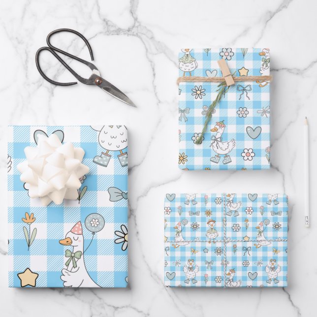 Hoja De Papel De Regalo Silly Goose Blue Gingham Birthday (Anverso)