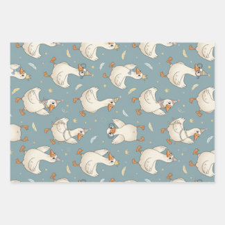 Hoja De Papel De Regalo Silly Goose Party – Blue Background with Feathers