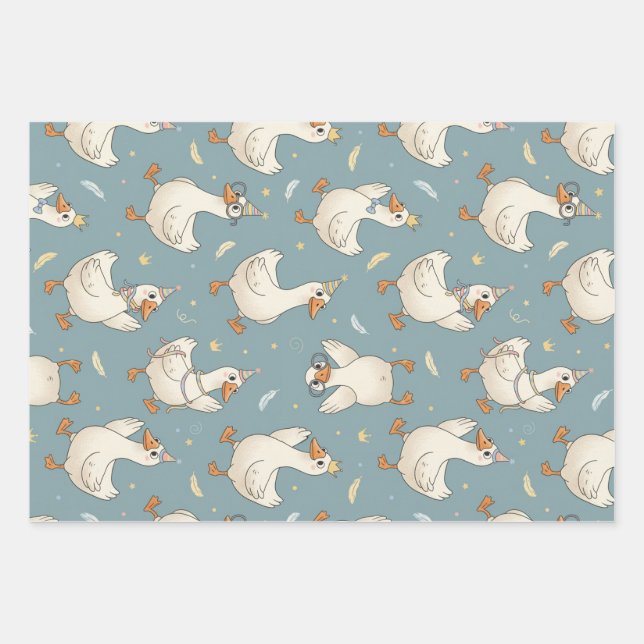 Hoja De Papel De Regalo Silly Goose Party – Blue Background with Feathers (Anverso)