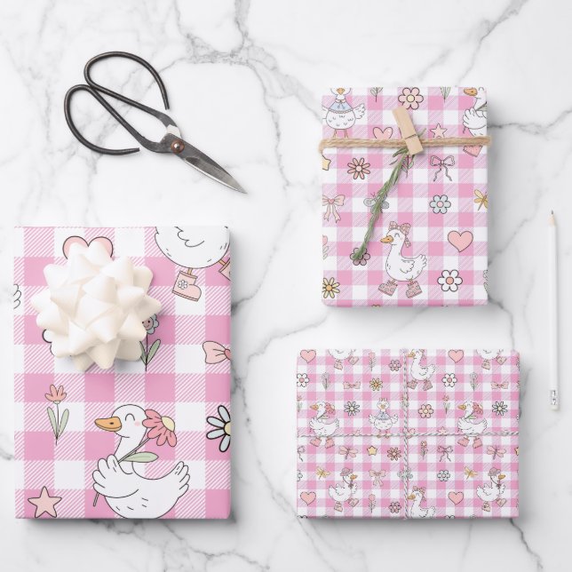 Hoja De Papel De Regalo Silly Goose Pink Gingham Birthday (Anverso)