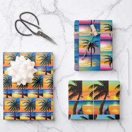 Hoja De Papel De Regalo Siluetas de árboles de palmera y atardecer