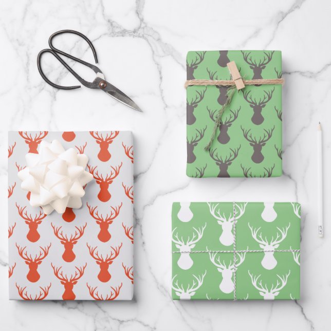 Hoja De Papel De Regalo Siluetas modernas de cabeza de ciervo (Anverso)