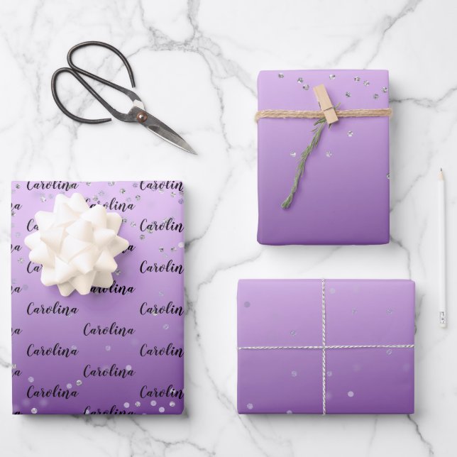 Hoja De Papel De Regalo Silver Confetti Morado Ombre (Anverso)