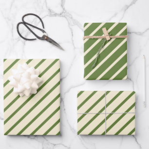 Hoja De Papel De Regalo Simple Navidad Diagonal Raya Retro Verde Crema