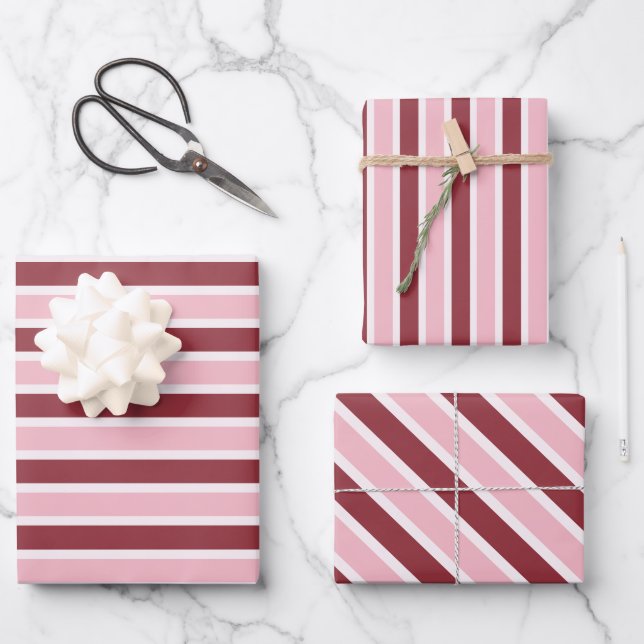 Hoja De Papel De Regalo Simple Pink Burgundy Stripes Christmas (Anverso)