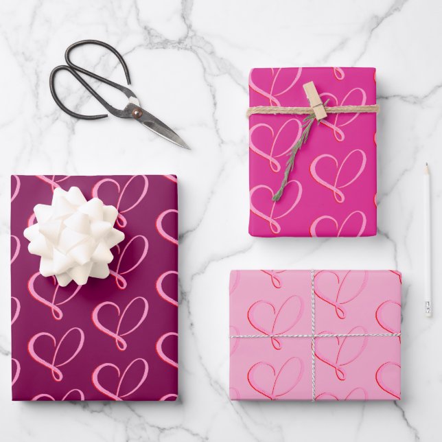 Hoja De Papel De Regalo Simple Pink Red Hearts (Anverso)