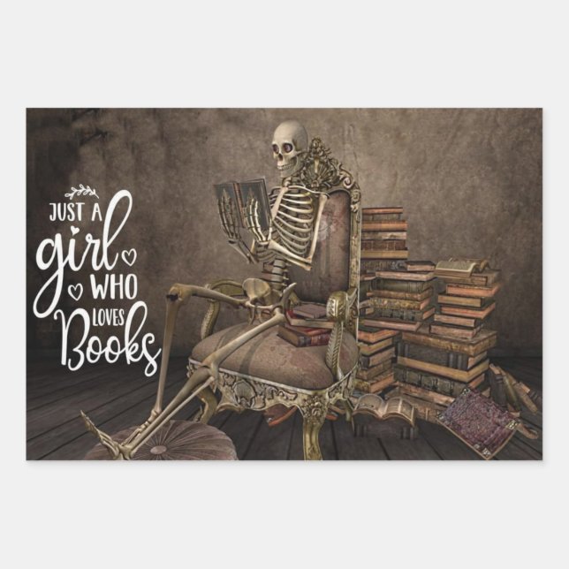 Hoja De Papel De Regalo Skeleton Chica Book Lover (Anverso)
