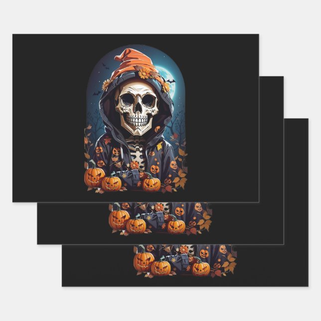 Hoja De Papel De Regalo Skeleton espeluznante con calabazas malvadas (Set)