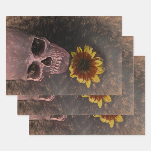 Hoja De Papel De Regalo Skull Yellow Sunflower Gothage Sepia Sketch (Set)