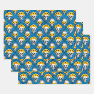 Hoja De Papel De Regalo Skulls azules y diseño de la serie de girasoles 1
