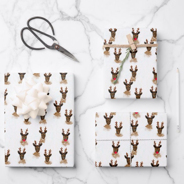 Hoja De Papel De Regalo Sleepy Snowy Reindeer Rustic Navidades (Anverso)