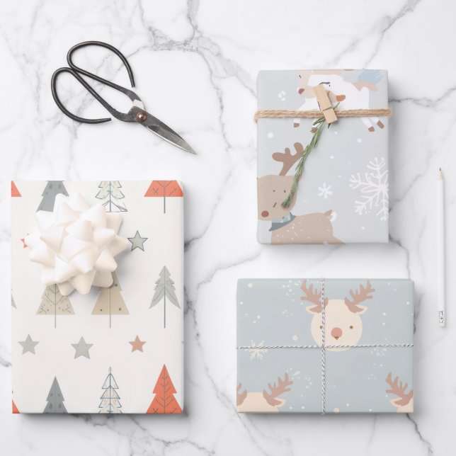 Hoja De Papel De Regalo Sleigh Reindeer Pine Trees Pattern wrapping sheet (Anverso)