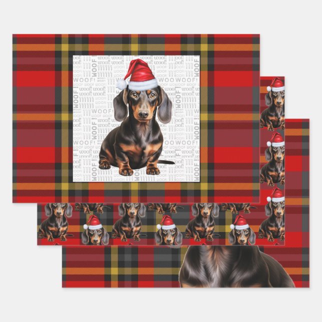 Hoja De Papel De Regalo Smooth Dachshund Christmas Dog and Red Plaid (Set)