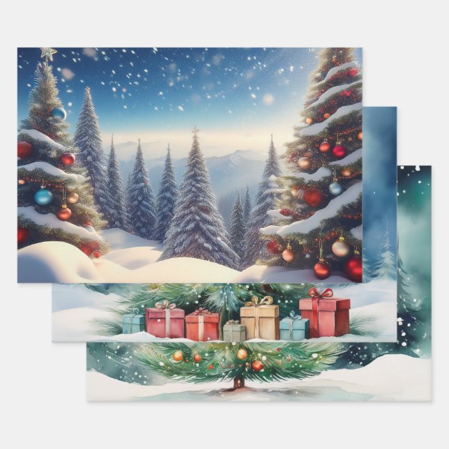 Hoja De Papel De Regalo Snow Cover Christmas Trees in Woods (Set)