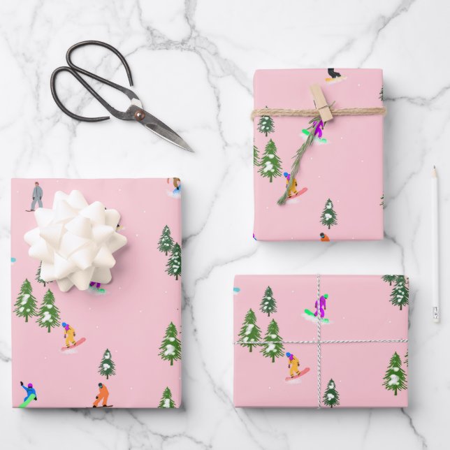 Hoja De Papel De Regalo Snowboarders Rosado Snowboard Ilustracion (Anverso)