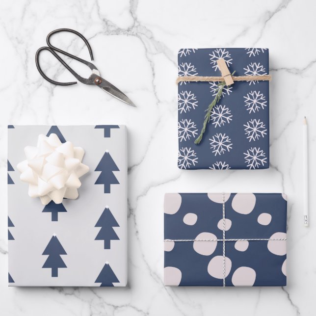 Hoja De Papel De Regalo Snowflakes Pink Navy Nochebuena (Anverso)
