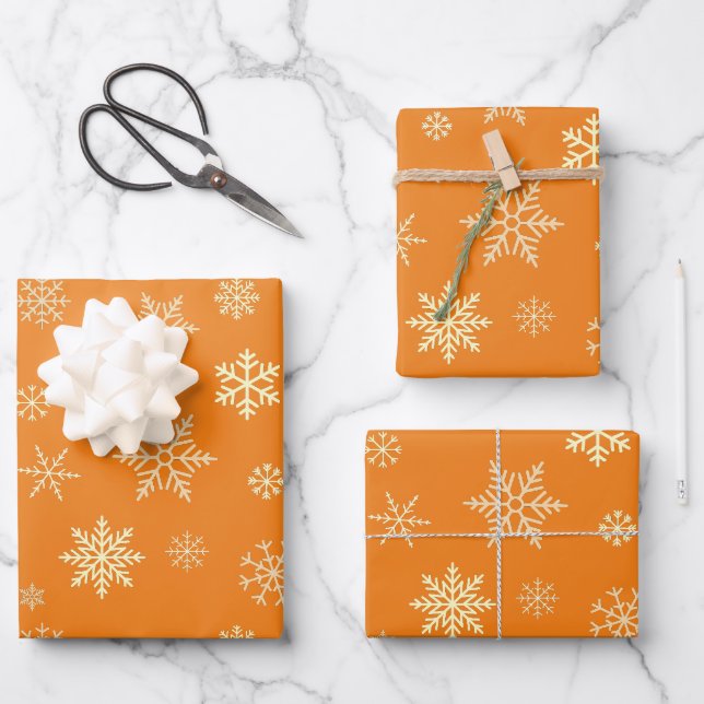 Hoja De Papel De Regalo Snowflakes Seamless Pattern Naranja Navidades (Anverso)