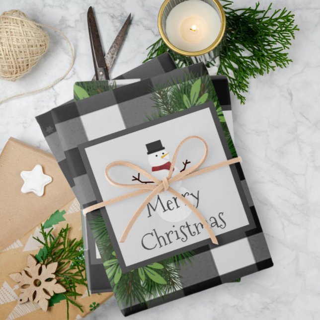 Hoja De Papel De Regalo Snowman Buffalo Plaid | Blanco y negro (Black and White Snowman Buffalo Plaid Wrapping Paper Sheets)