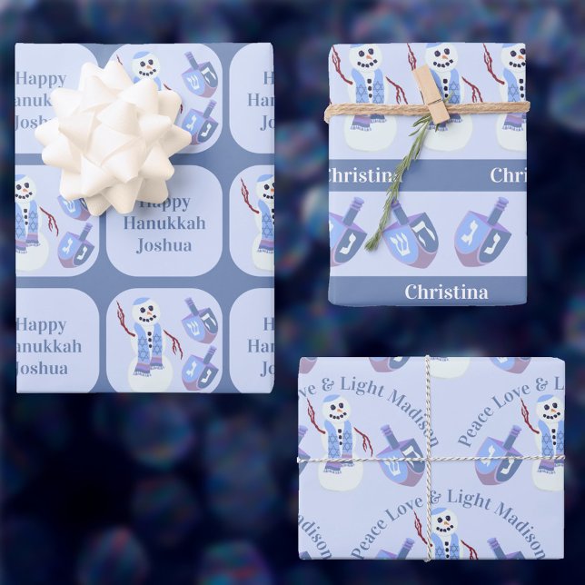 Hoja De Papel De Regalo Snowman Dreidels Cute Happy Hanukkah (You can add different names to each of the three designs of this cute Hanukkah wrapping paper)