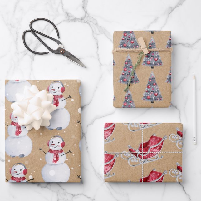 Hoja De Papel De Regalo Snowman Sleigh Kraft (Anverso)