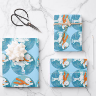 Hoja De Papel De Regalo Snowman sobre patinaje sobre hielo