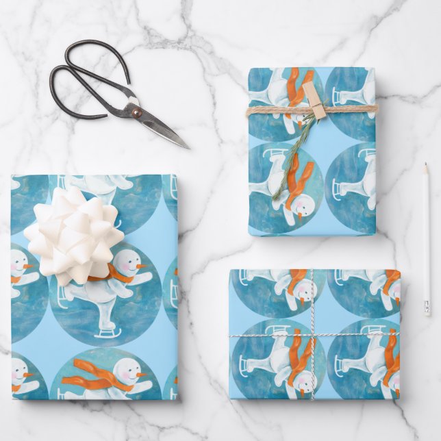 Hoja De Papel De Regalo Snowman sobre patinaje sobre hielo (Anverso)