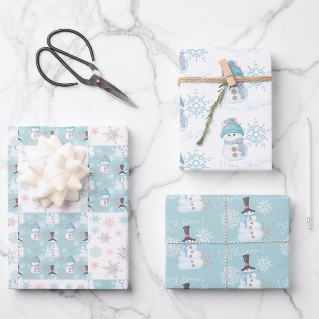 Hoja De Papel De Regalo Snowman y Snowflakes cubren Navidades (Anverso)
