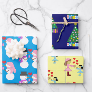 Hoja De Papel De Regalo Snowpeople, Christmas Tree, Children & Love: