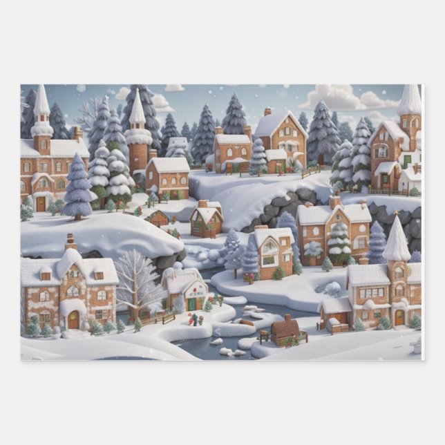 Hoja De Papel De Regalo Snowy Gingerbread Village Christmas (Anverso)